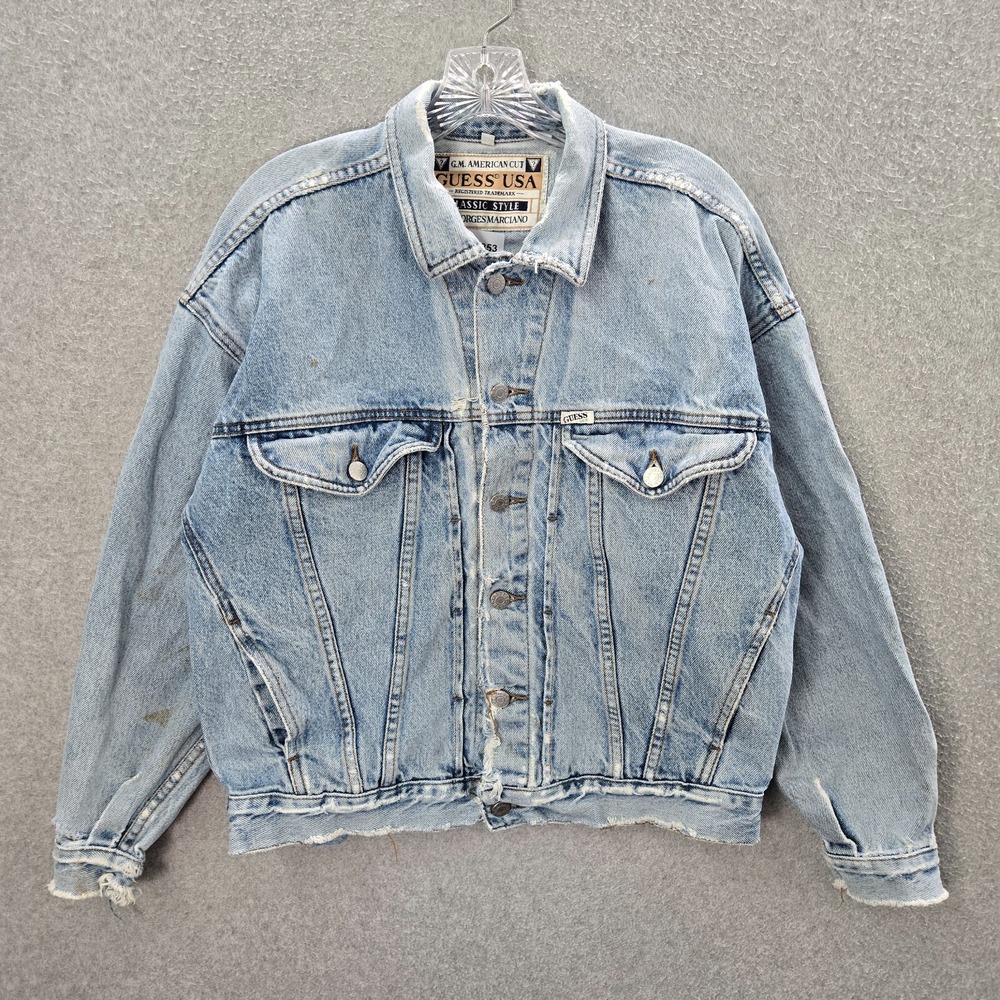 VINTAGE Guess Women Jacket Small Blue Denim Jean Distressed Button Up READ
